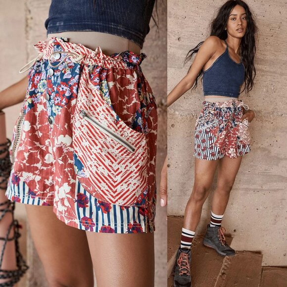 Free People FP Movement Printed Off The Grid Shorts - Washed Red - Size Medium - Picture 1 of 8